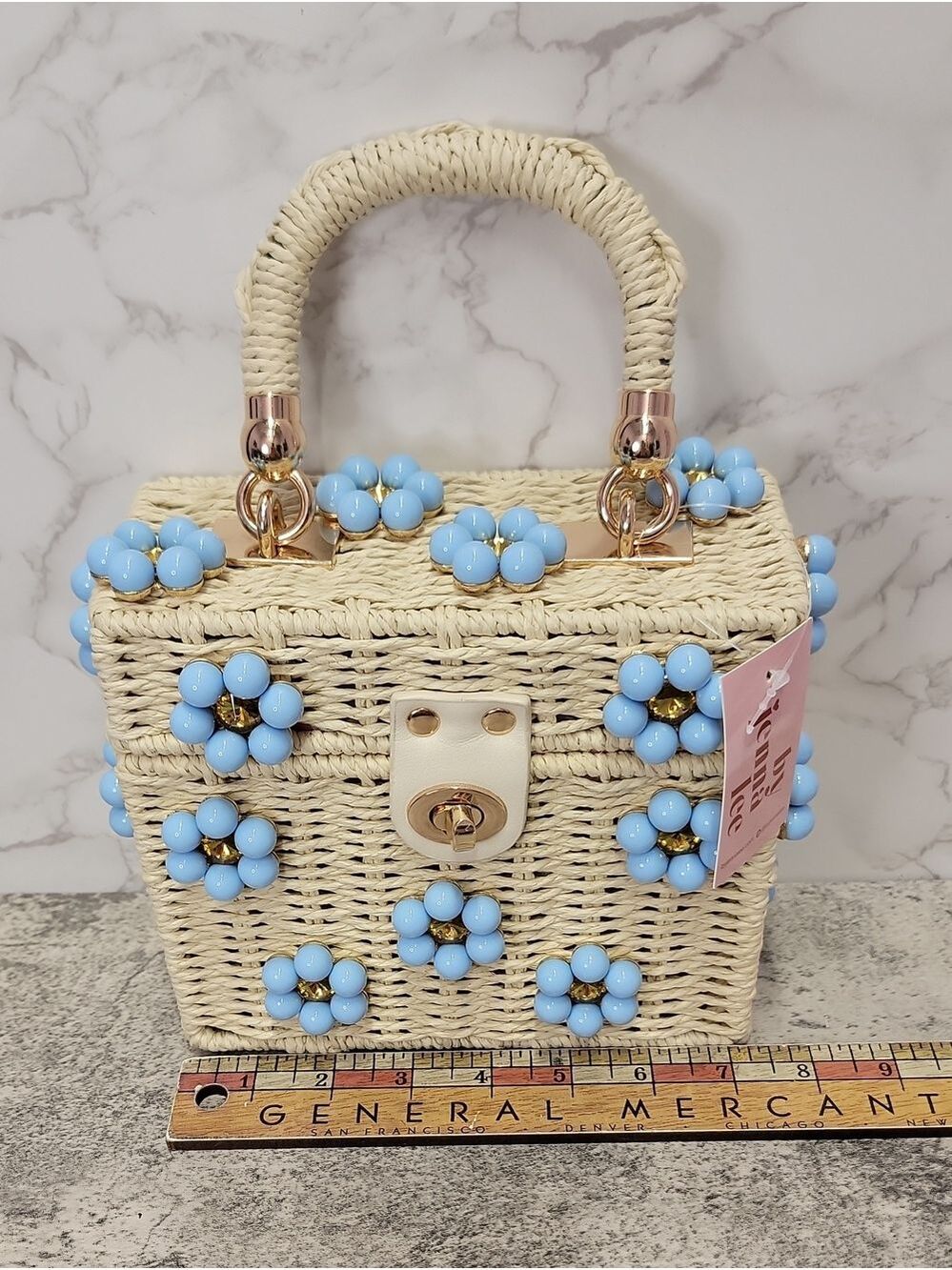 Daisy Embellished Straw Bucket Bag | Rattan Flower Box Purse by Jenna Lee - Picture 6 of 8
